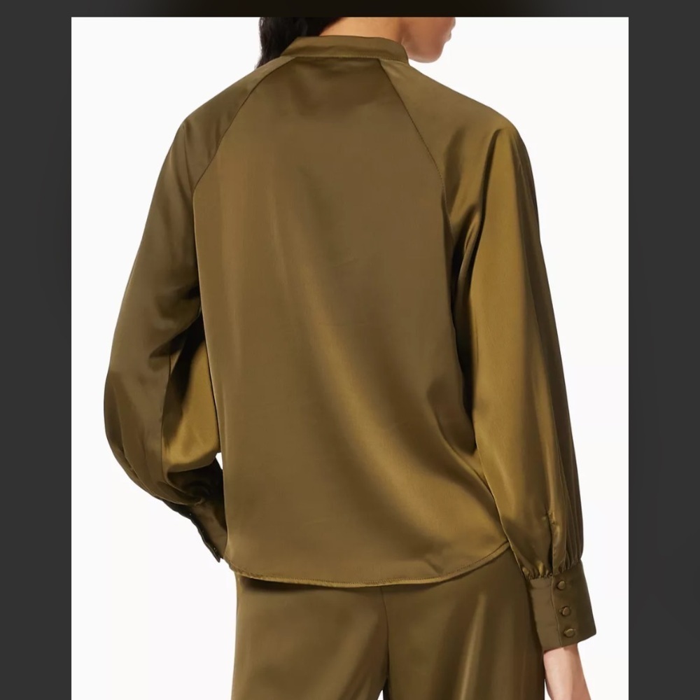 Y.A.S Olive Green Satin Top with tie neck accent - Picture 2 of 8